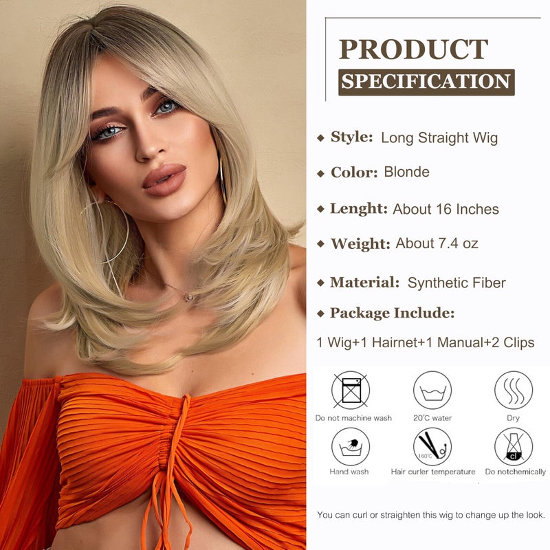 Esmee 16 Inches Long Straight Blonde Layered Synthetic Hair Wigs for Women with Dark Roots for Daily Party Use - Image 2